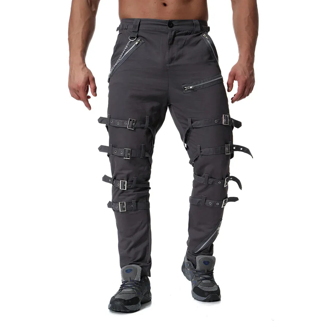 Funki Buys | Pants | Men's Gothic Punk Buckle Strap Zip Pants