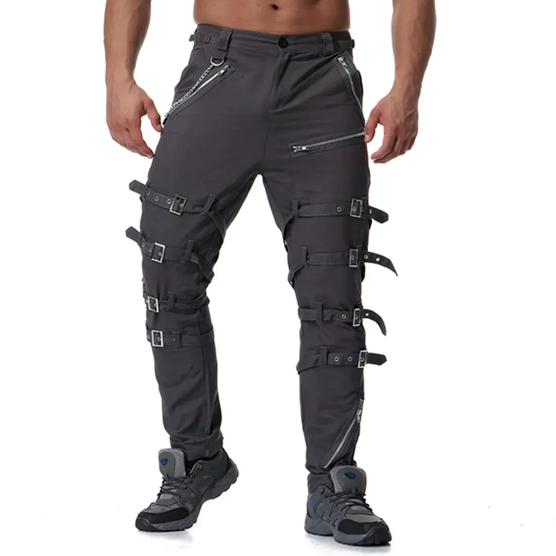 Funki Buys | Pants | Men's Gothic Punk Buckle Strap Zip Pants