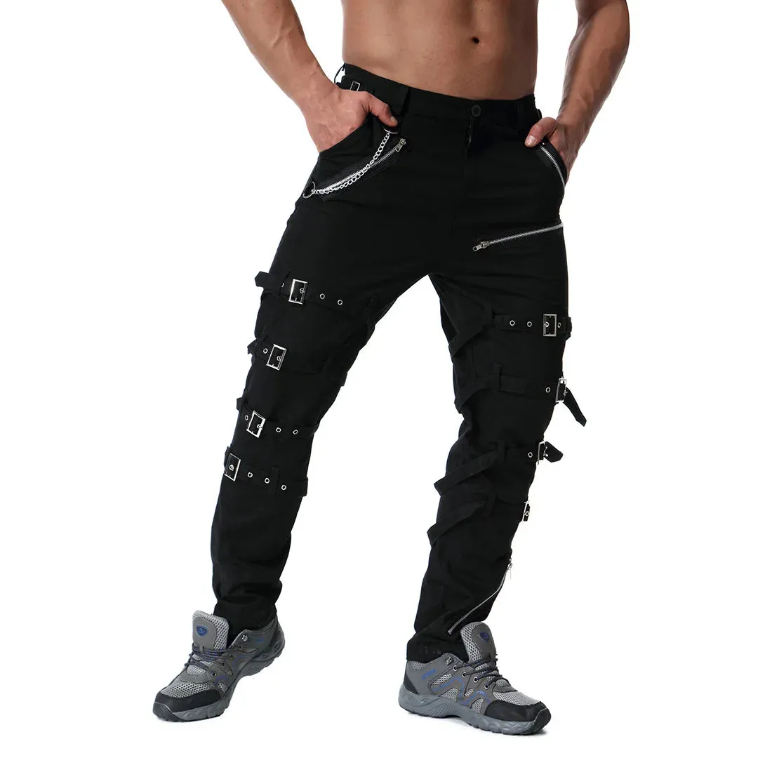 Funki Buys | Pants | Men's Gothic Punk Buckle Strap Zip Pants