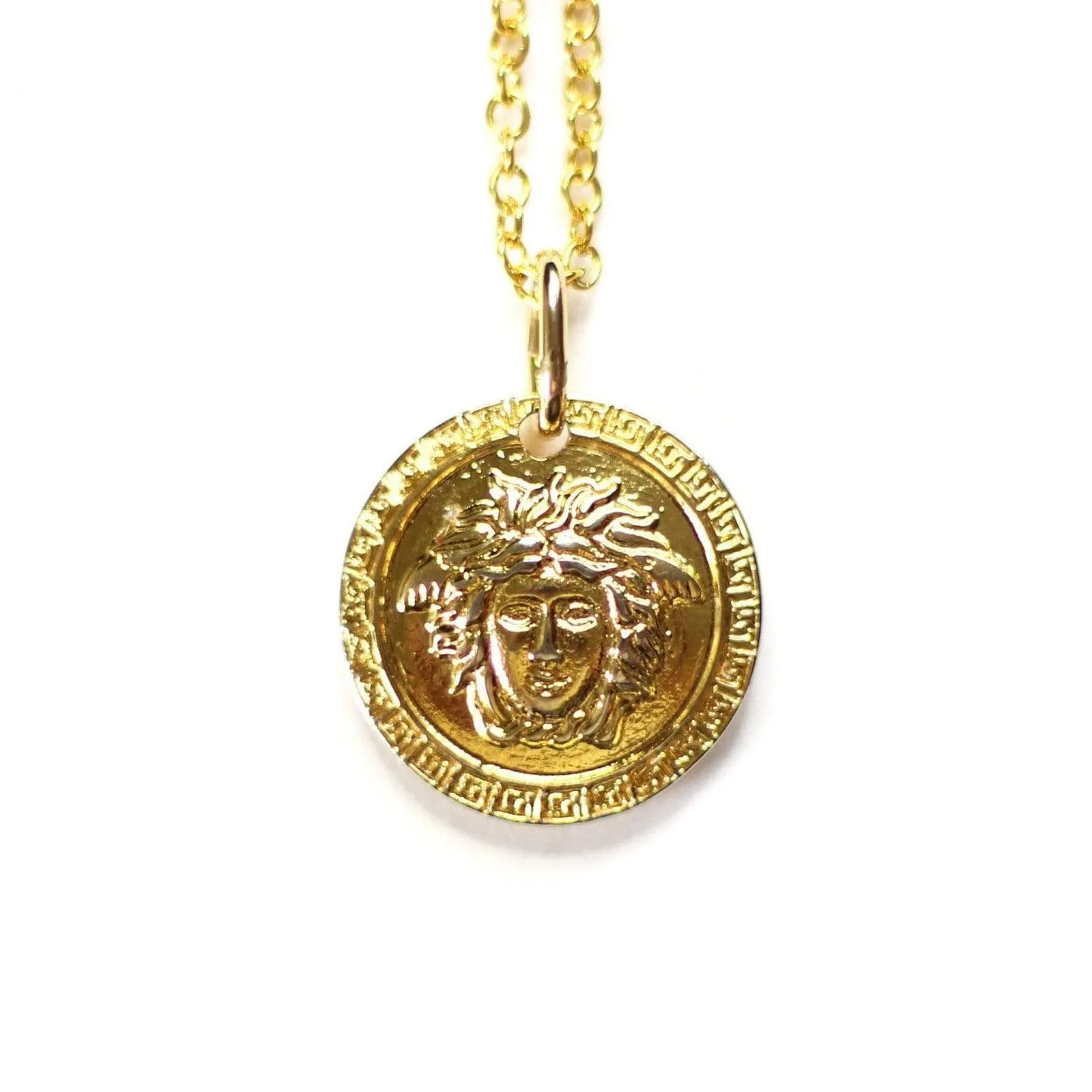 Gold Gianni Versace Double Sided Medusa Head Coin Pendent Chain