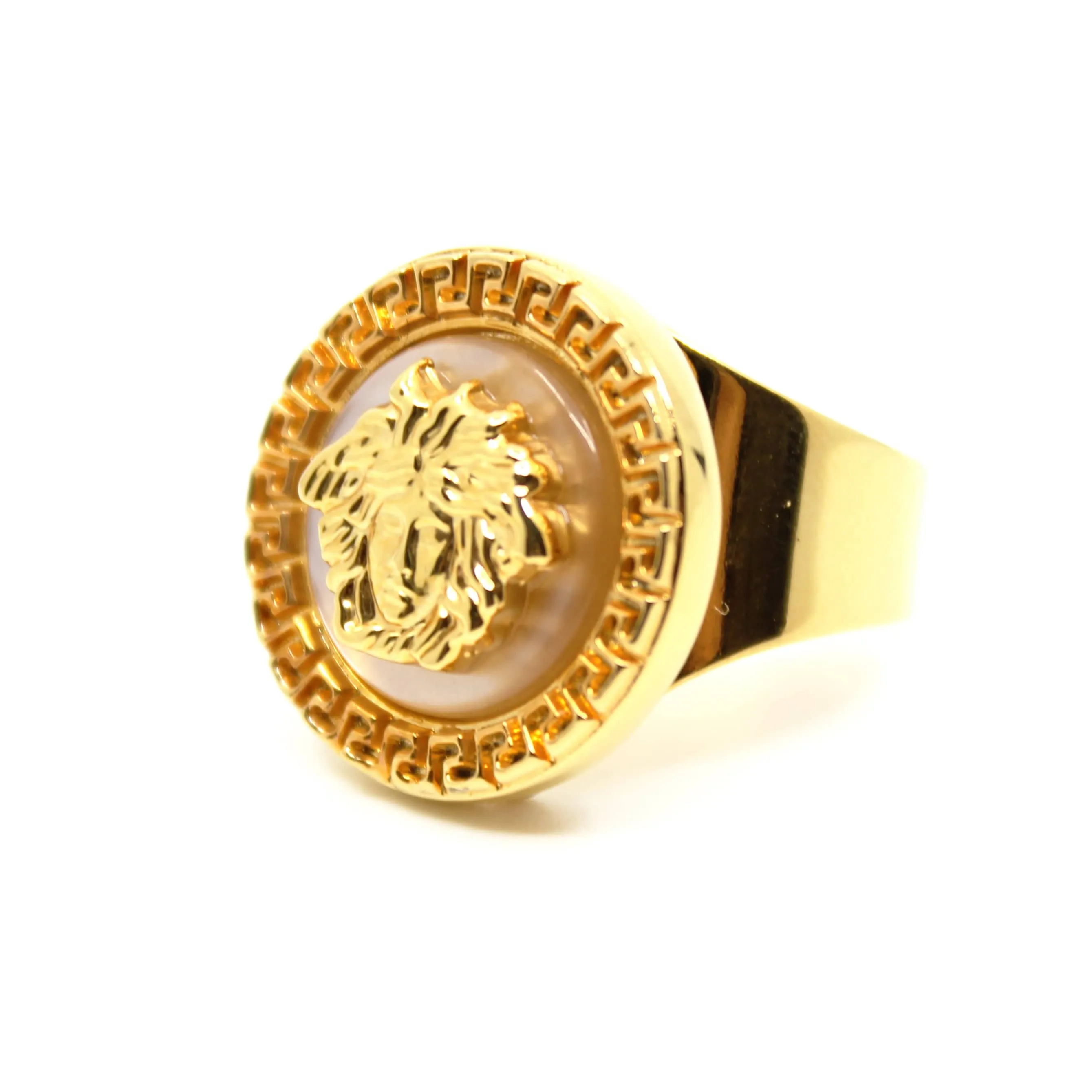 Gold Vintage Versace Mother Of Pearl Medusa Head Adjustable Ring