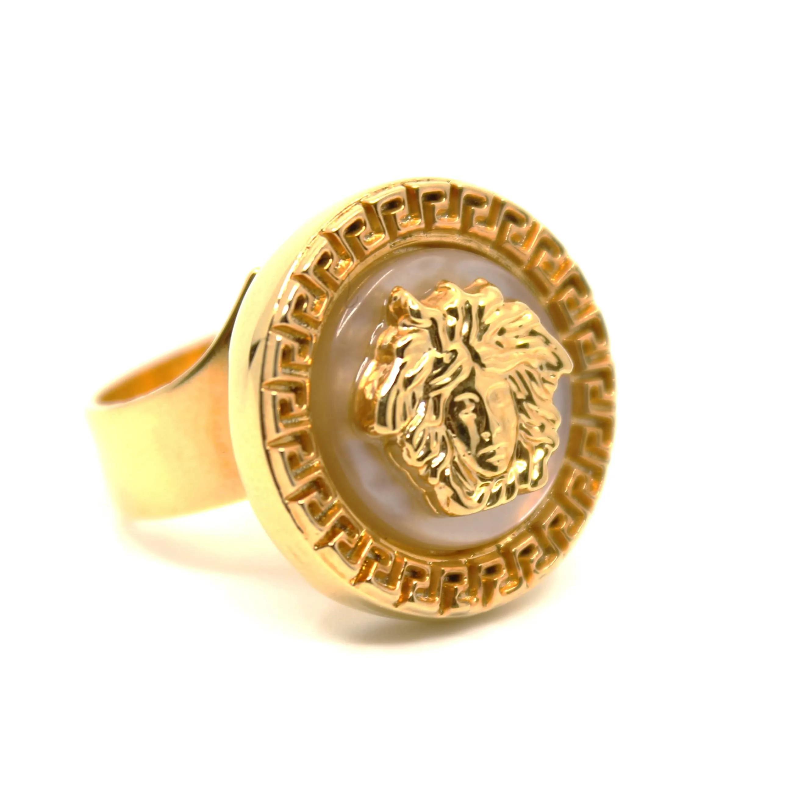 Gold Vintage Versace Mother Of Pearl Medusa Head Adjustable Ring