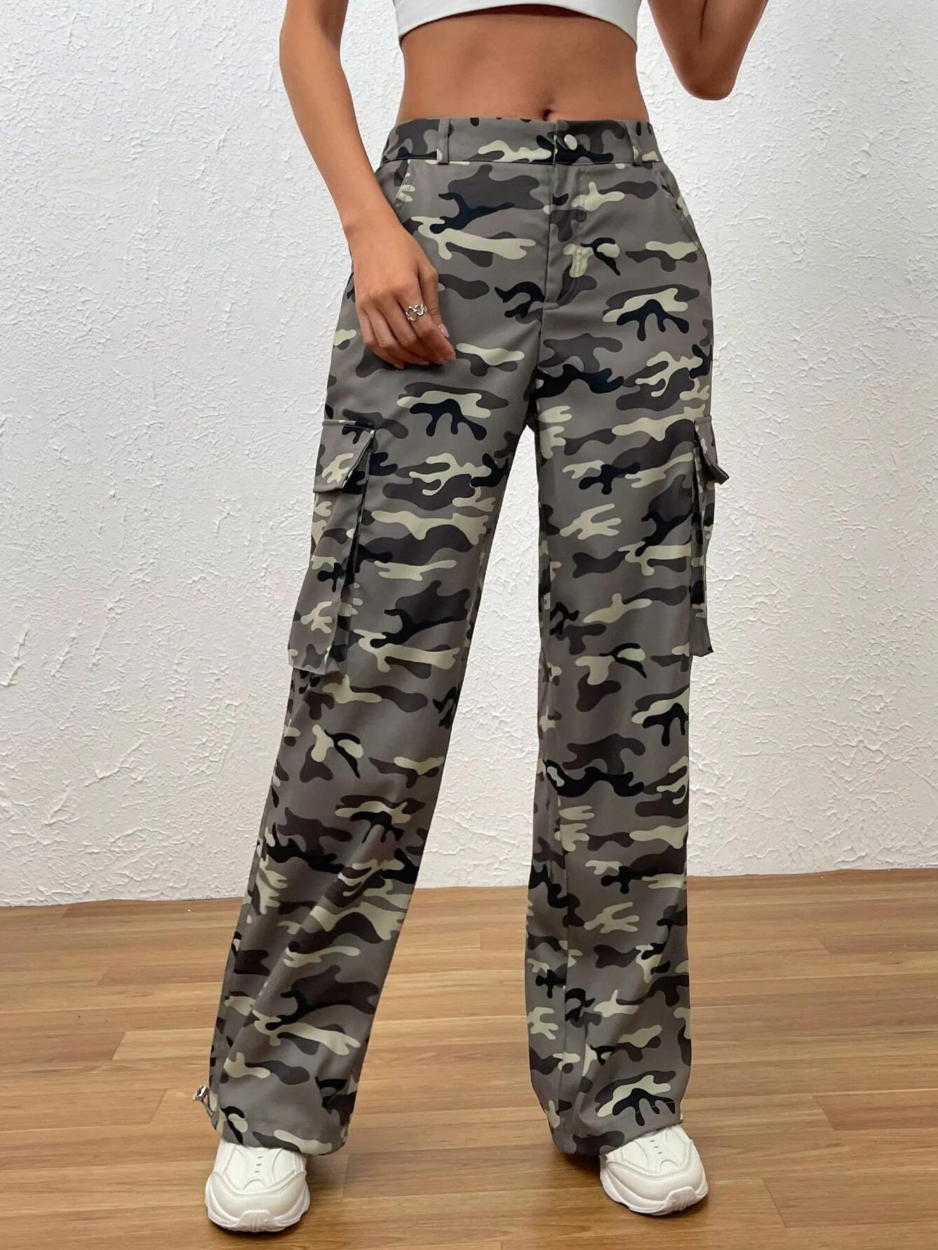 Gorpcore Camo Print Flap Pocket Cargo Pants