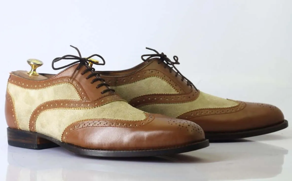 Handmade Men Brown Beige Wing Tip Brogue Shoes, Men Leather Suede Lace Up Shoes