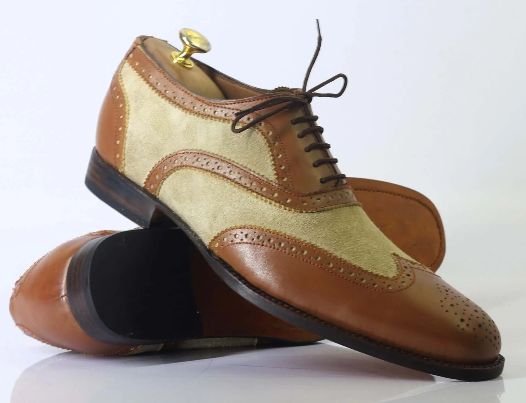 Handmade Men Brown Beige Wing Tip Brogue Shoes, Men Leather Suede Lace Up Shoes