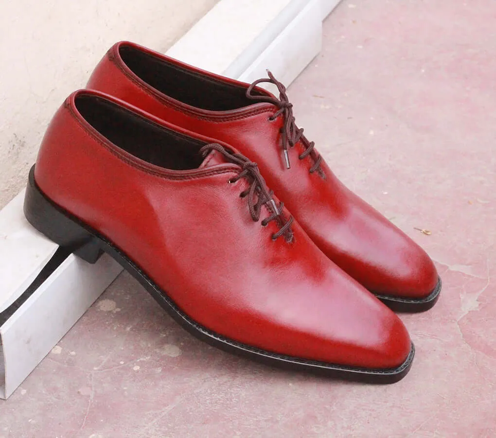 Handmade Men's Burgundy Whole Cut Leather Shoes, Men Lace Up Dress Formal Shoes