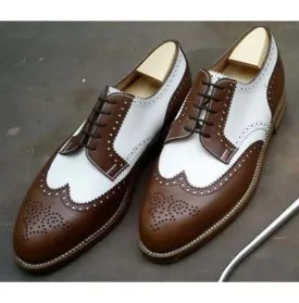 Handmade Men's Dark Brown & White Wing Tip Brogue Lace Up Formal Dress Shoes