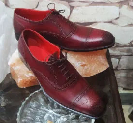 Handmade Men’s Leather Lace Up Shoes, Men’s Burgundy Cap Toe Brogue Dress Shoes