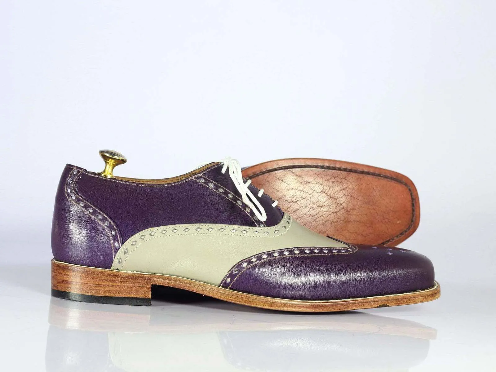 Handmade Men's Purple Gray Wing Tip Brogue Leather Shoes, Men Designer Shoes