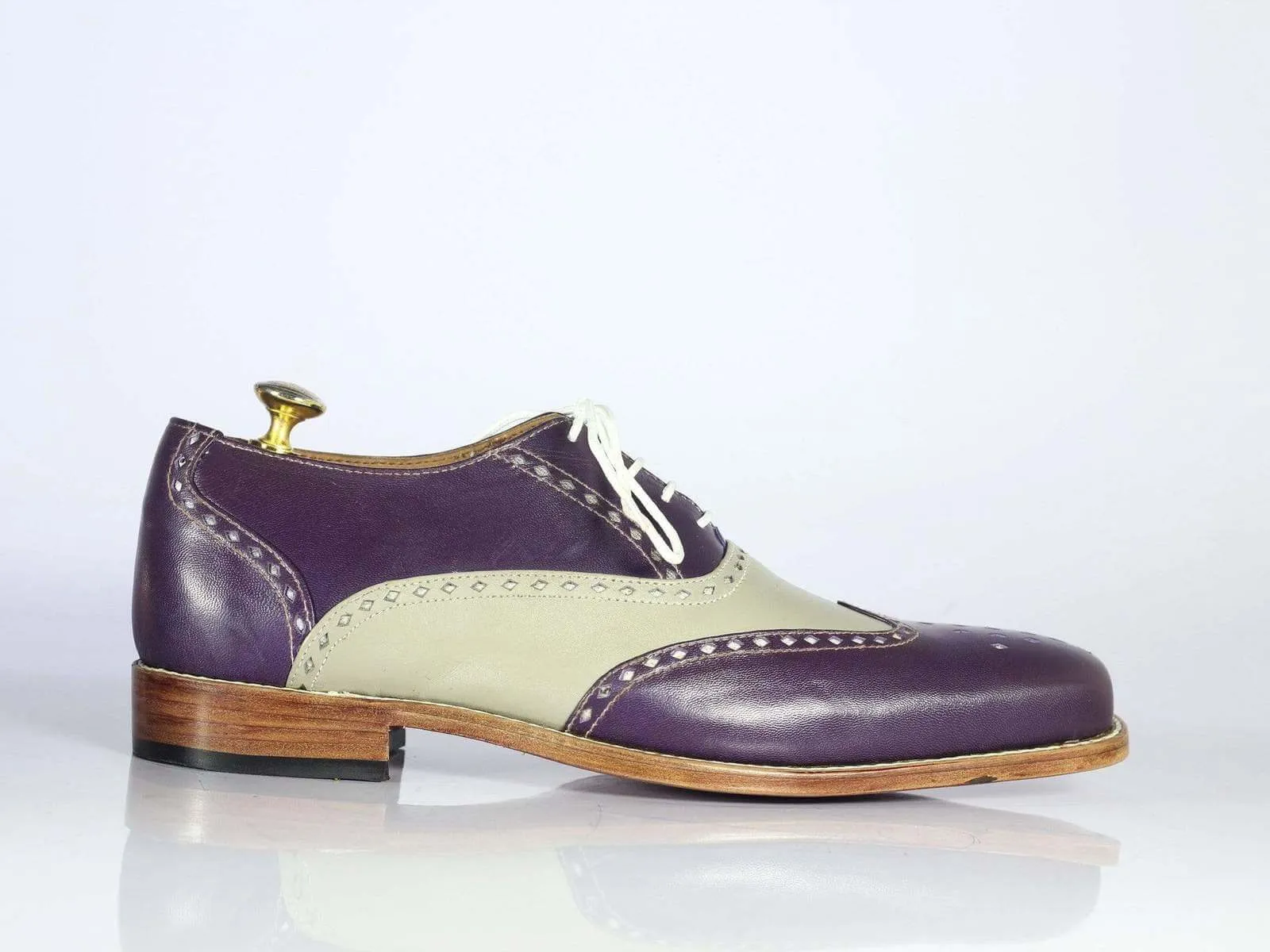 Handmade Men's Purple Gray Wing Tip Brogue Leather Shoes, Men Designer Shoes