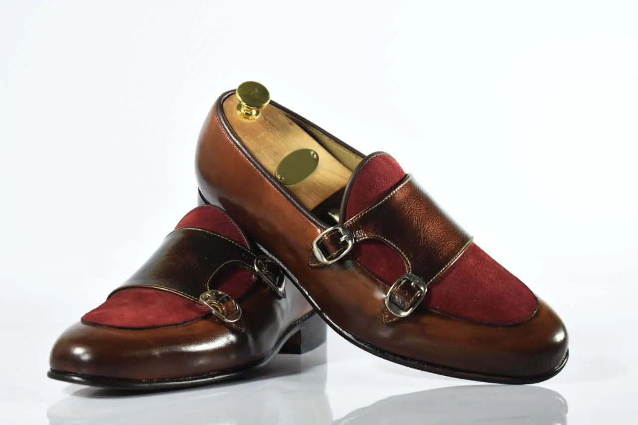 Handmade Men's Two Tone Brown Burgundy Leather Double Monk Strap Loafer Shoes, Men Designer Dress Formal Luxury Shoes