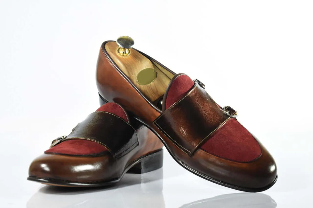 Handmade Men's Two Tone Brown Burgundy Leather Double Monk Strap Loafer Shoes, Men Designer Dress Formal Luxury Shoes