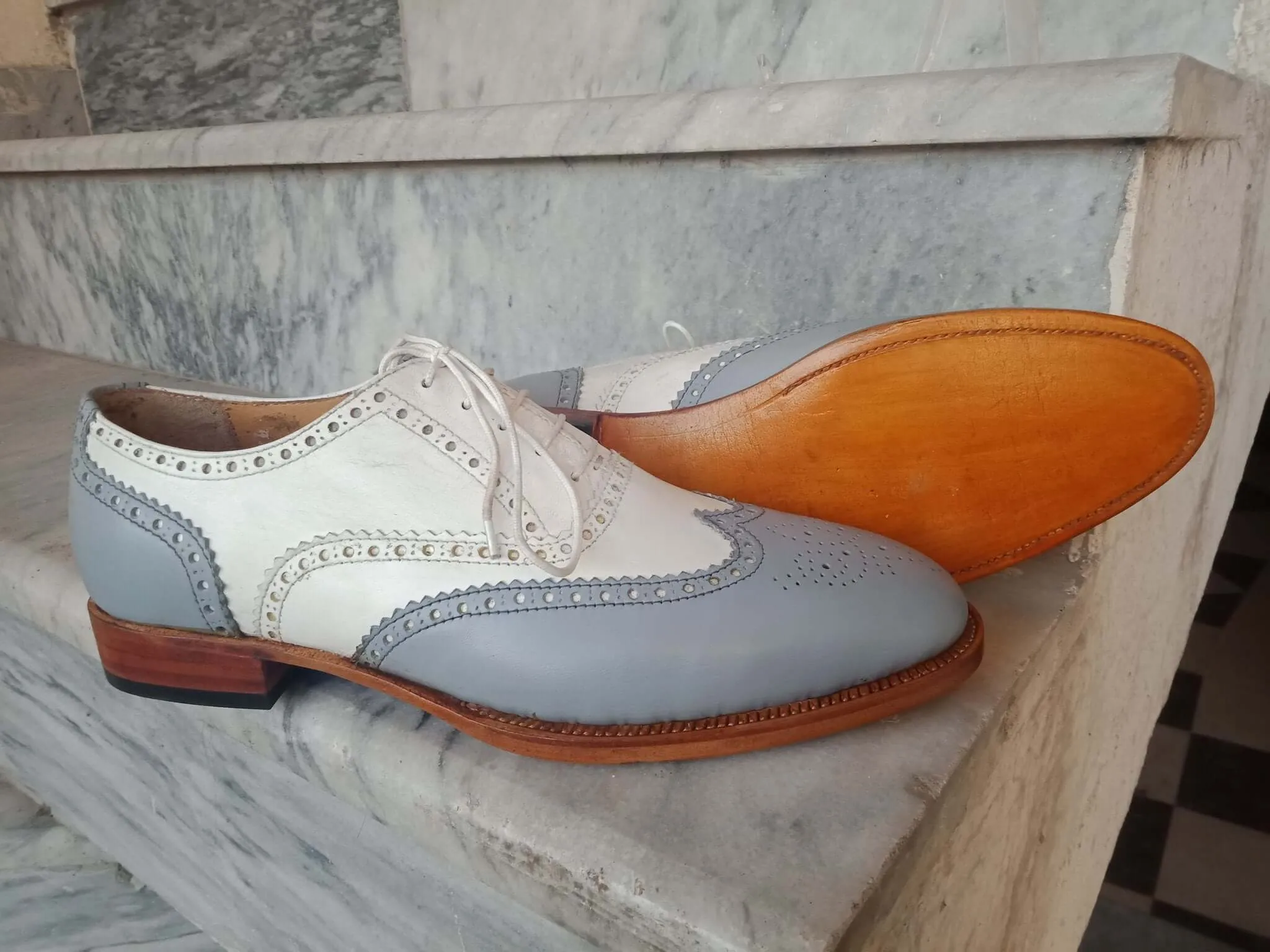 Handmade Men's White Gray Leather Wing Tip Brogue Lace Up Shoes, Men Dress Formal Shoes