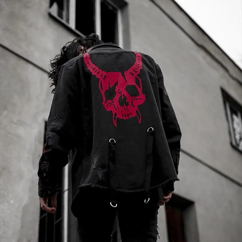 Harajuku Gothic Demon Hunter Skull Black Denim Jacket Men Rock Punk Heavy Metal Sweatshirt