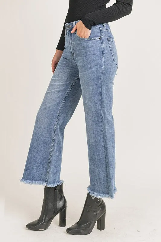 Hi-Rise Frayed Ankle Wide Leg Jeans