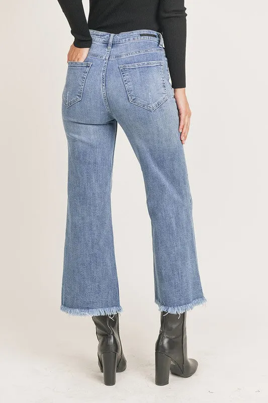 Hi-Rise Frayed Ankle Wide Leg Jeans