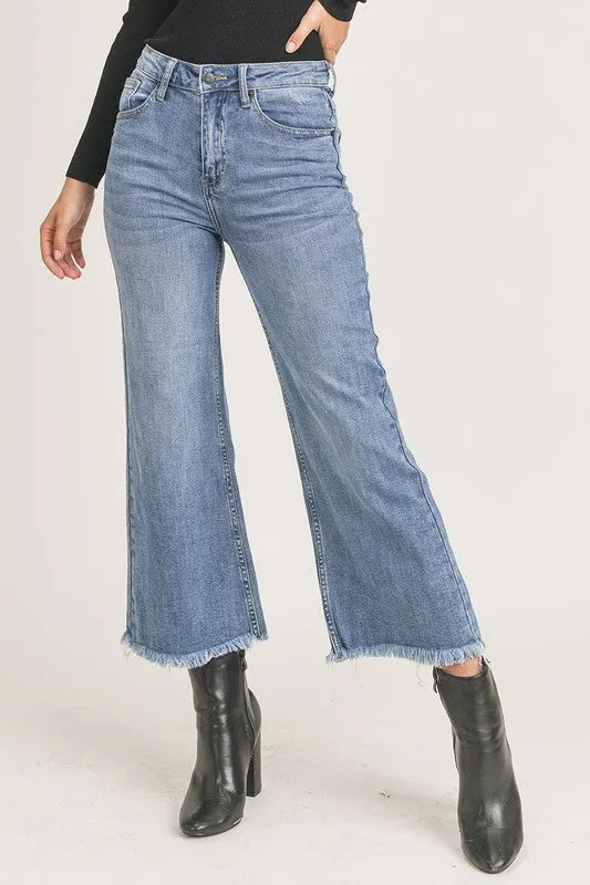 Hi-Rise Frayed Ankle Wide Leg Jeans