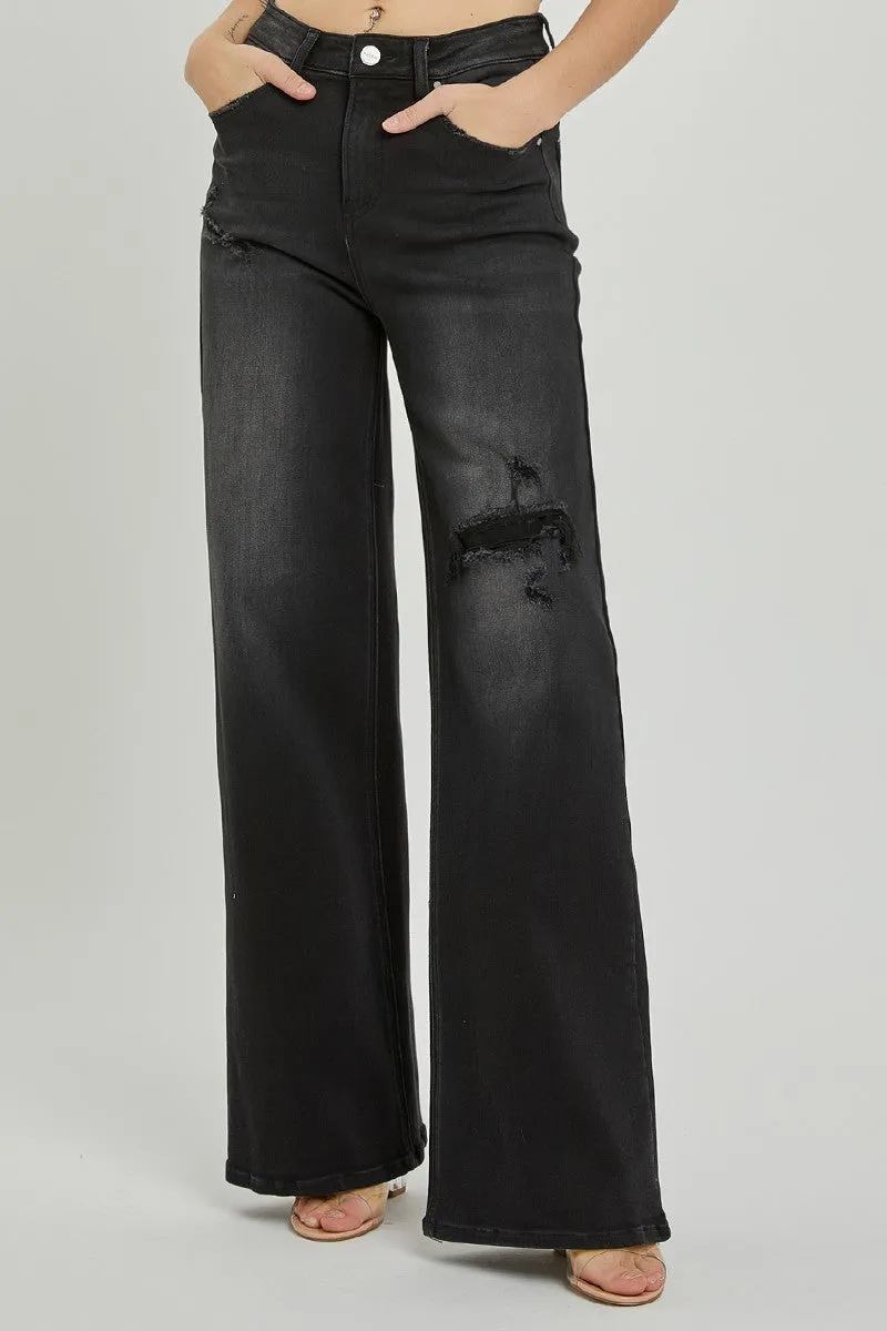 High Rise Distressed Detail Wide Leg Jeans