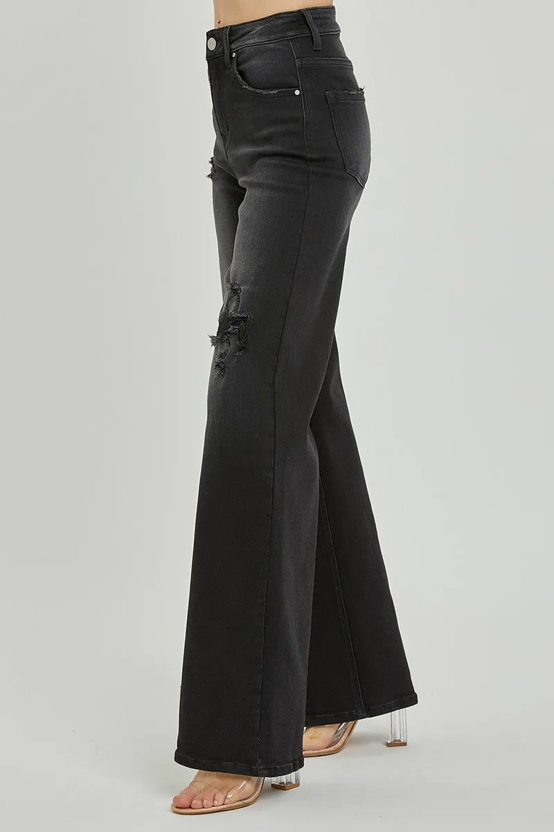 High Rise Distressed Detail Wide Leg Jeans