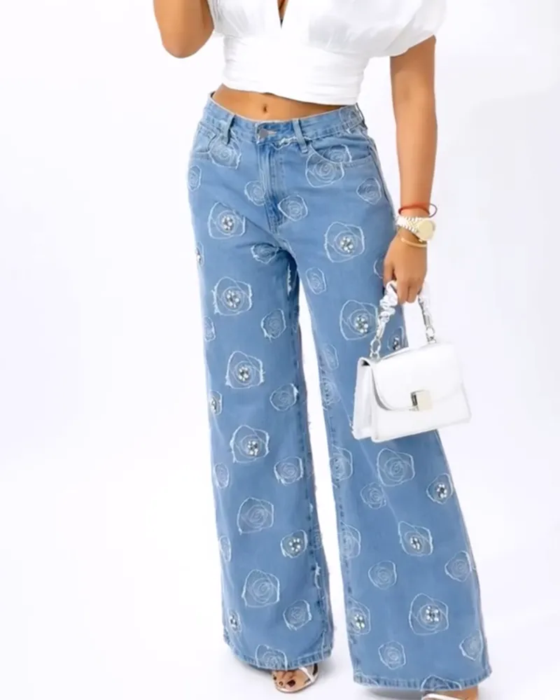 High-Rise Wide-Leg Embellished Jeans (Pre-Sale)