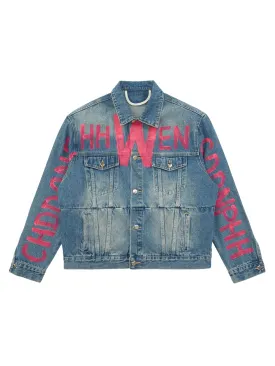 High Street Graffiti Lettered Distressed Washed Denim Jacket