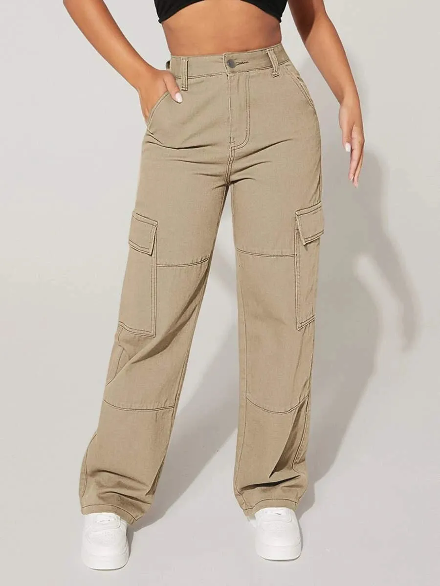 High Waist Flap Pocket Denim Cargo Jeans