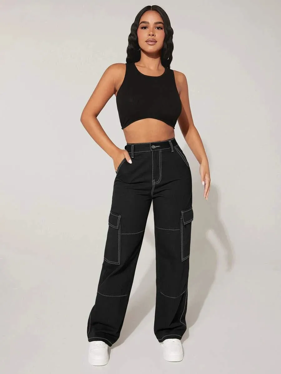 High Waist Flap Pocket Denim Cargo Jeans