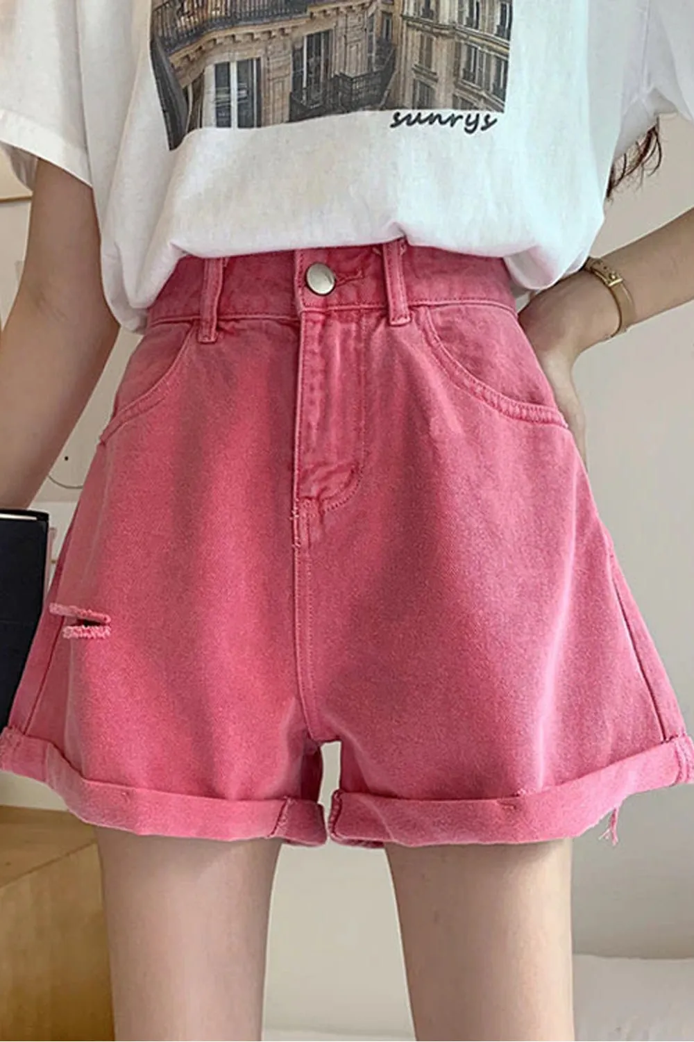 High Waist Pink Purple Denim Short Jeans