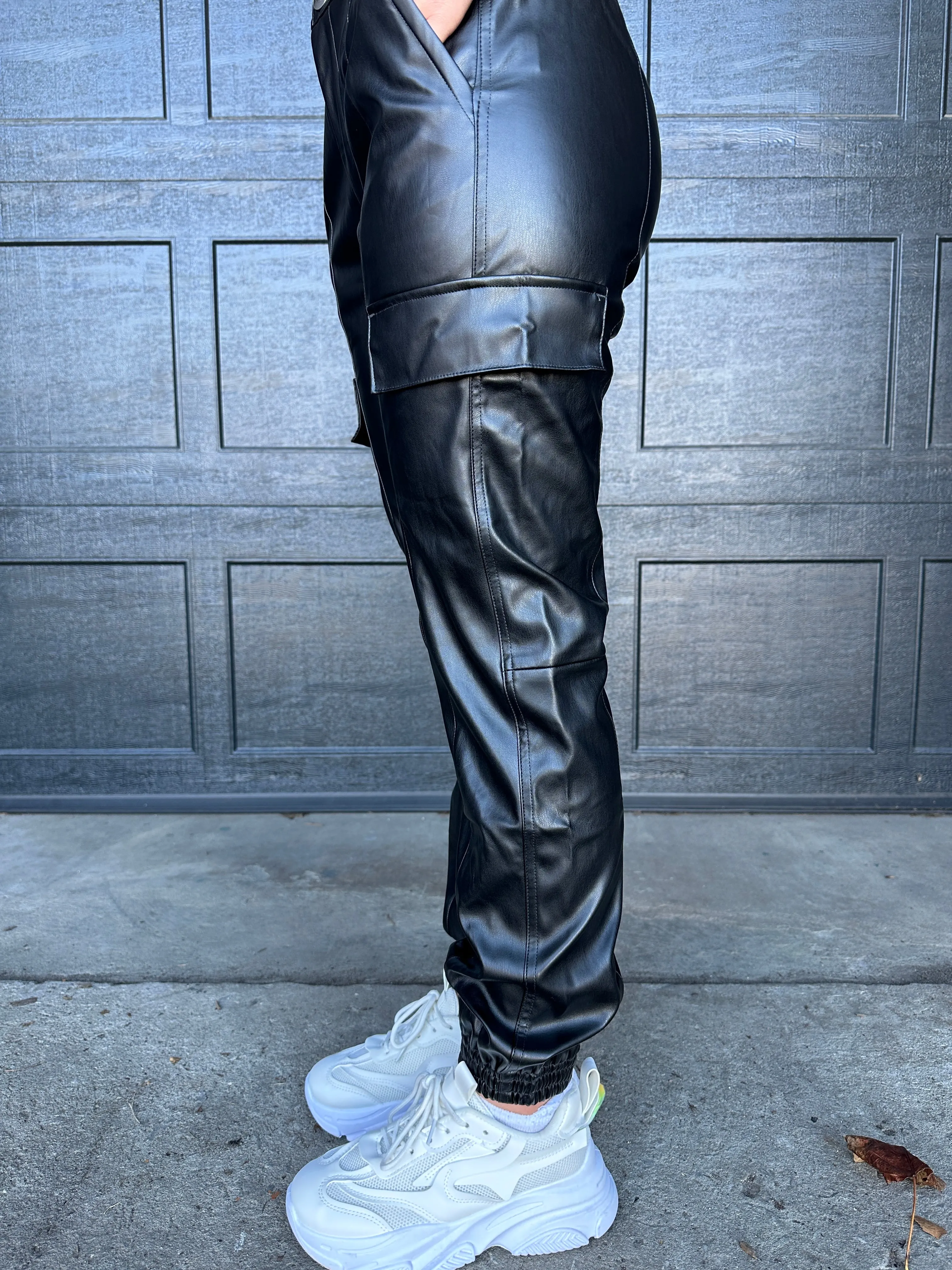 Into You Leather Cargo Joggers Black