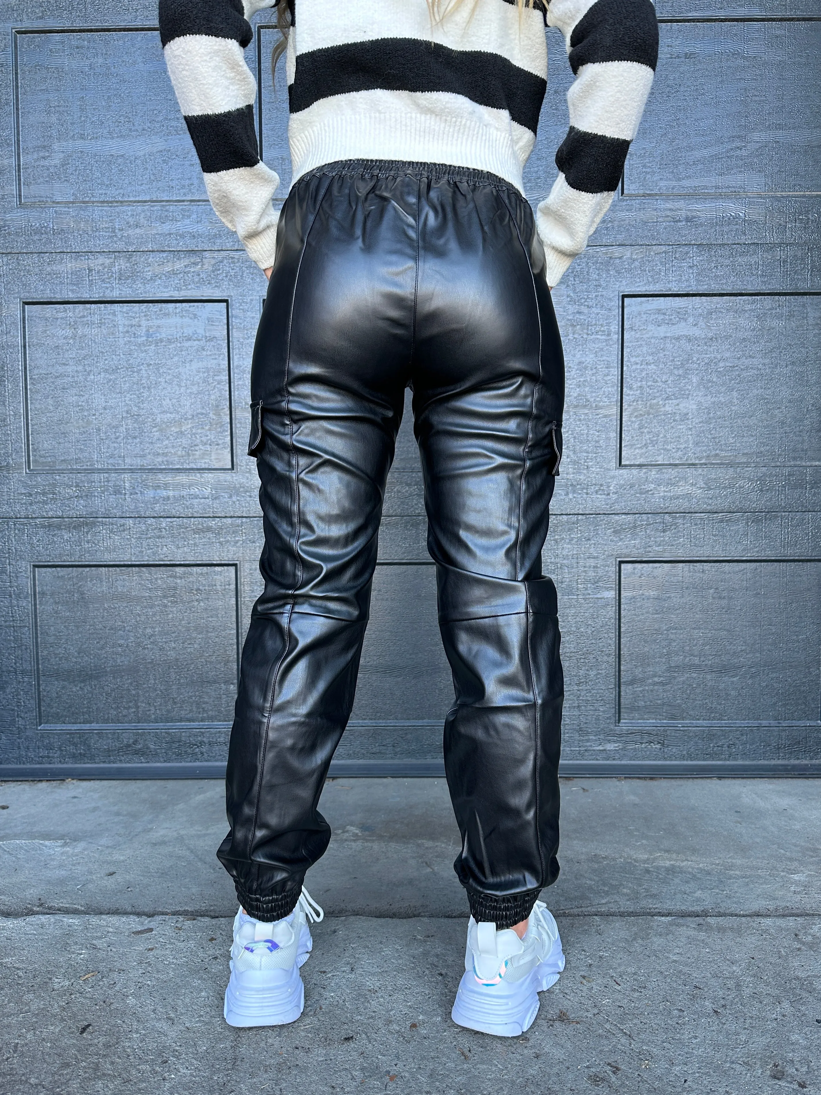 Into You Leather Cargo Joggers Black