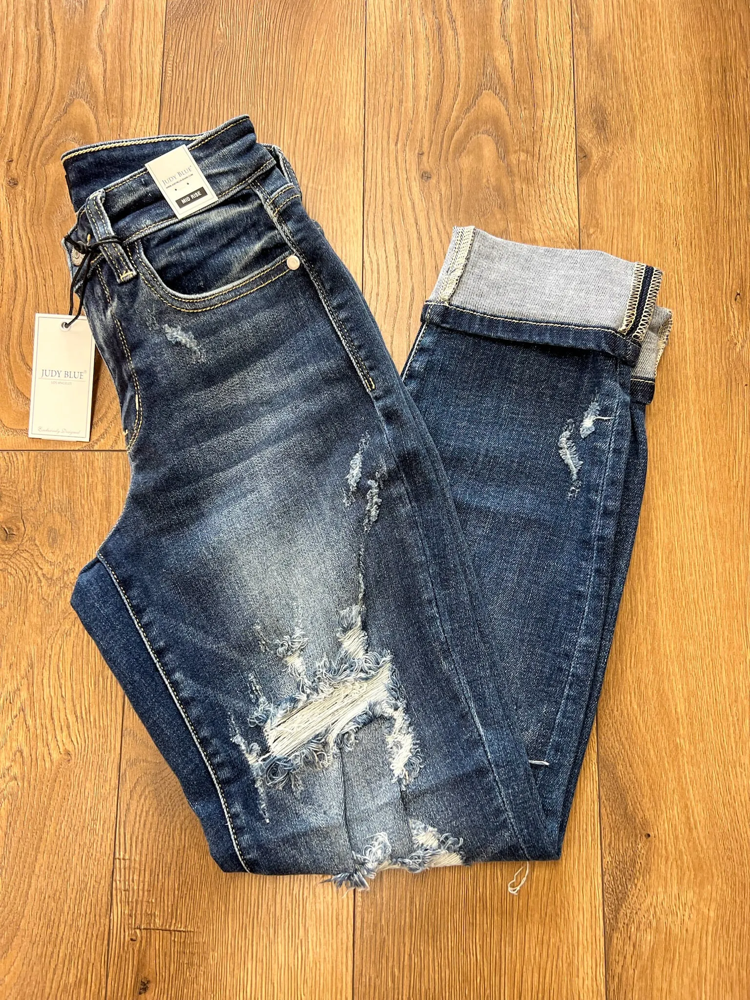 Judy Blue Mid Rise Cuffed Destroyed Boyfriend Jeans