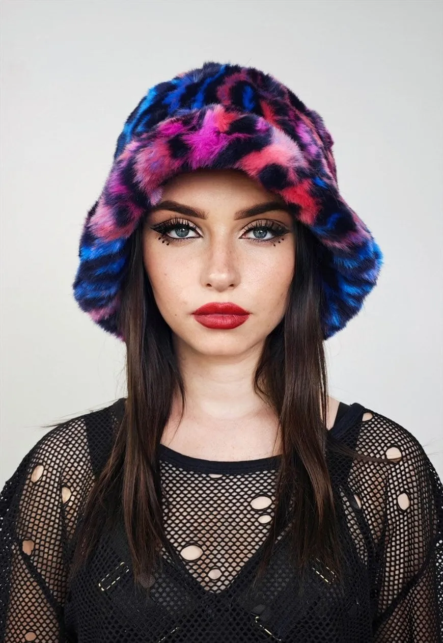 Leopard faux fur hat blue animal print bucket festival cap