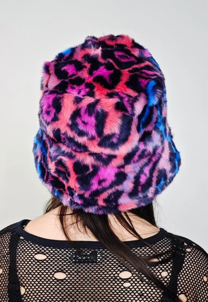 Leopard faux fur hat blue animal print bucket festival cap