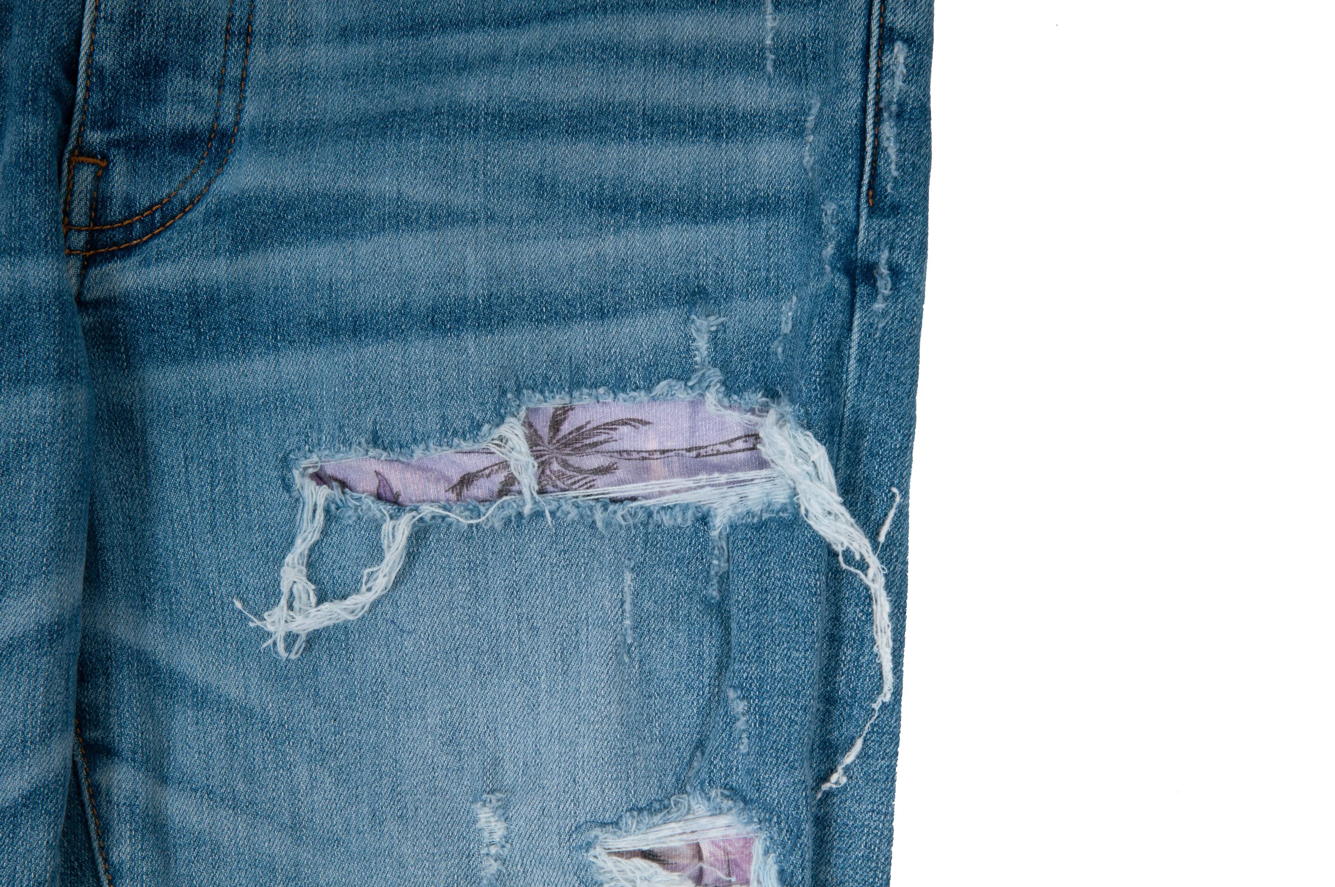 Light Wash Blue Distressed Denim Hawaiian Patchwork Rosebowl Mx1 Skinny Jeans