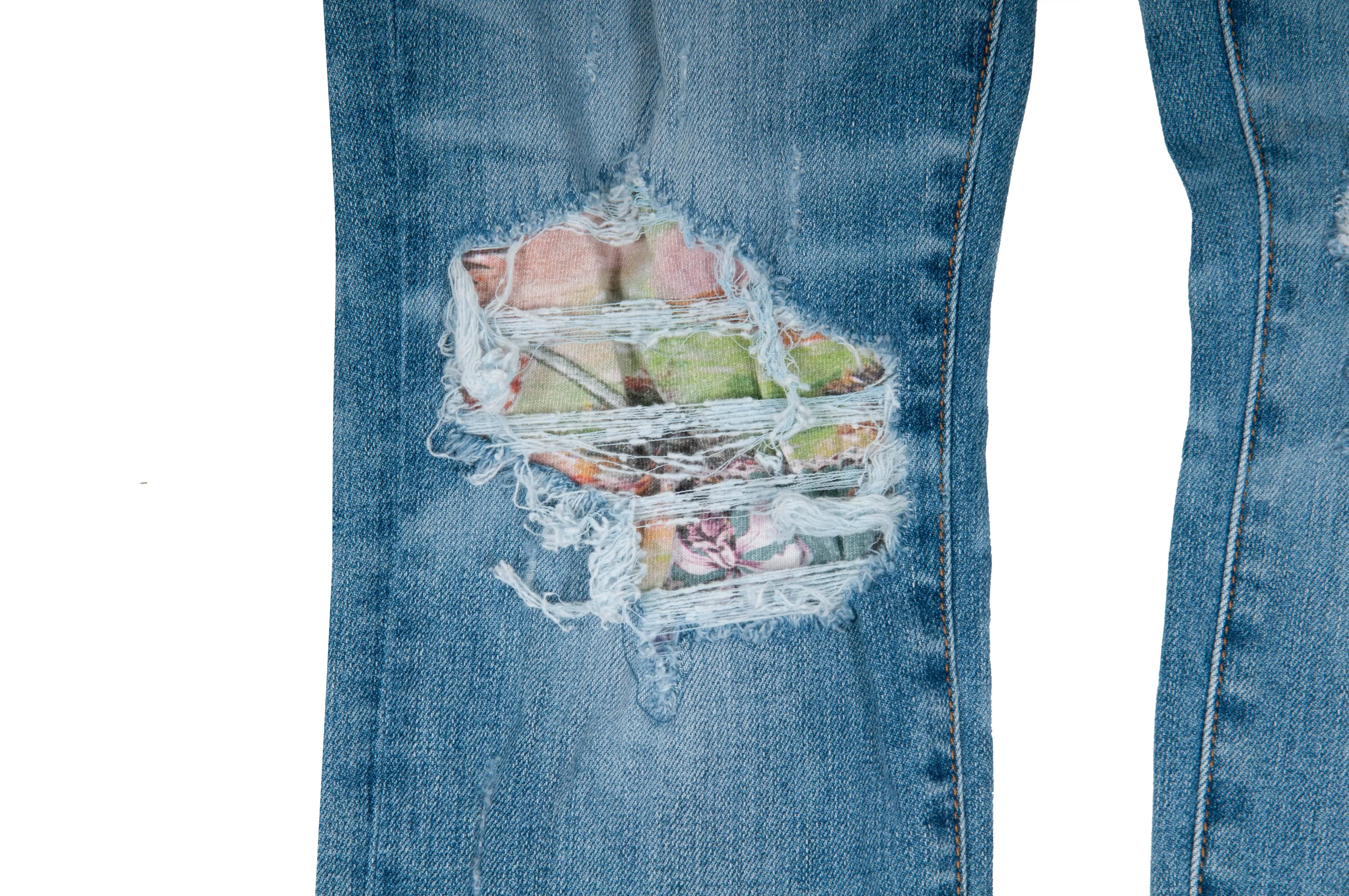 Light Wash Blue Distressed Denim Hawaiian Patchwork Rosebowl Mx1 Skinny Jeans