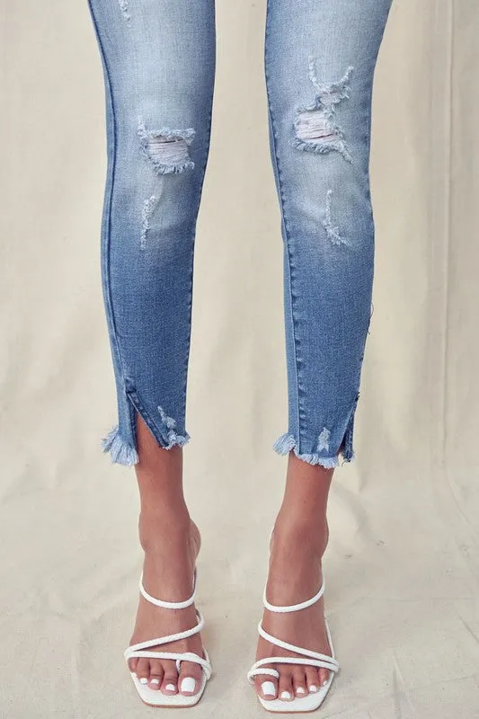 Low Rise Skinny Jeans with Distressed Ankles