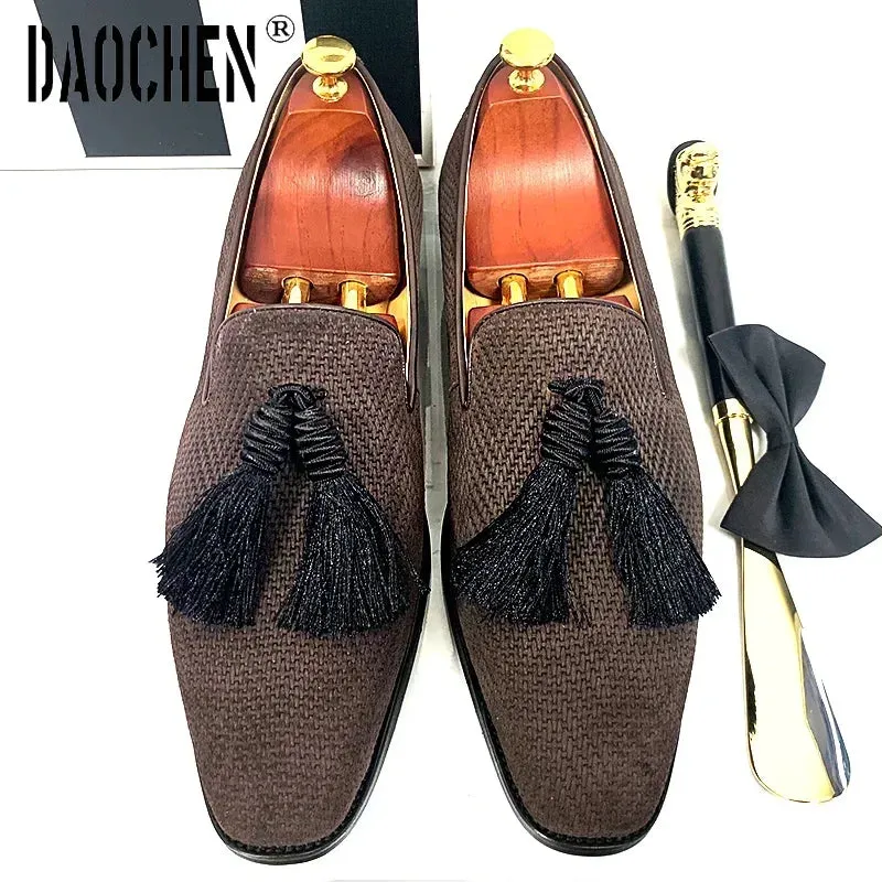 Luxury Men's Loafers Shoes Black Coffee Suede Shoe Tassel Casual Mens Dress Shoes Office Wedding Leather loafers for men