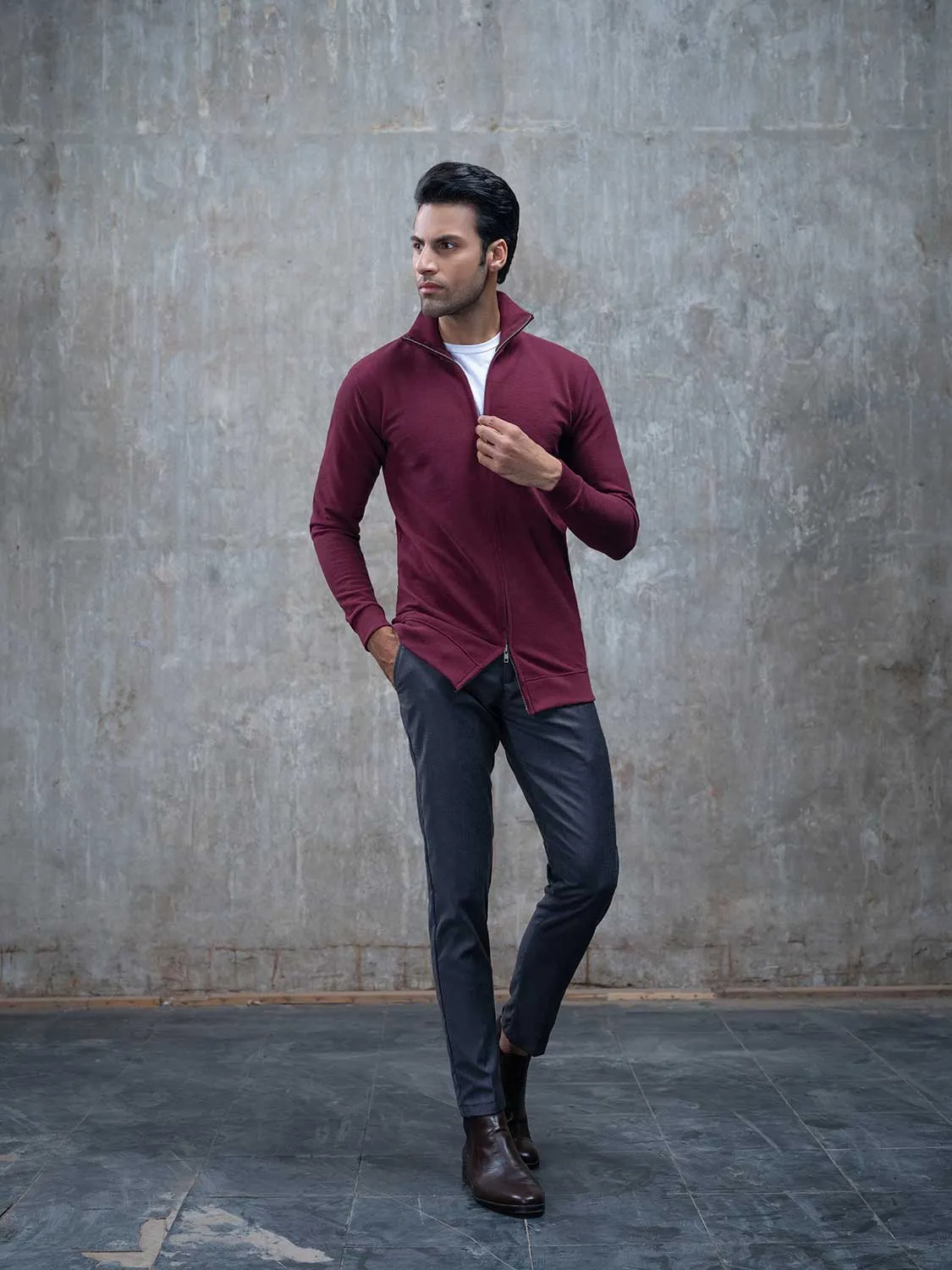 Maroon Double Zip High Neck Cardigan