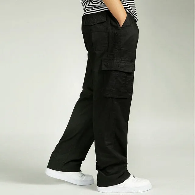 Men's casual trousers cotton overalls elastic waist full len multi-pocket plus fertilizer XL men's clothing big size cargo pants