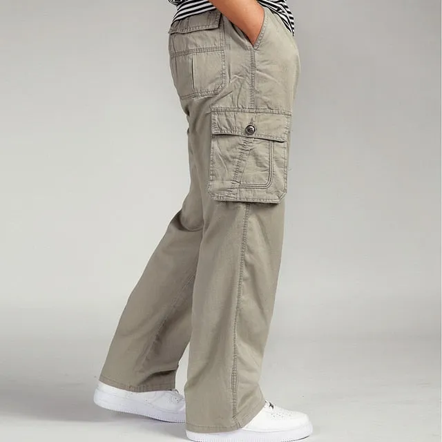 Men's casual trousers cotton overalls elastic waist full len multi-pocket plus fertilizer XL men's clothing big size cargo pants