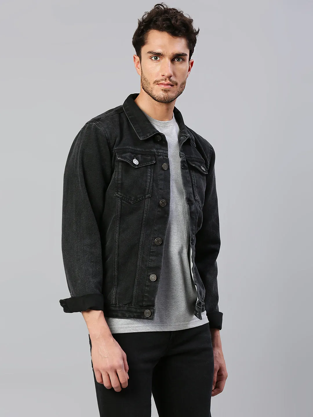 Men's Regular Fit Long Sleeve Button Down Denim Jacket (Washed Black)