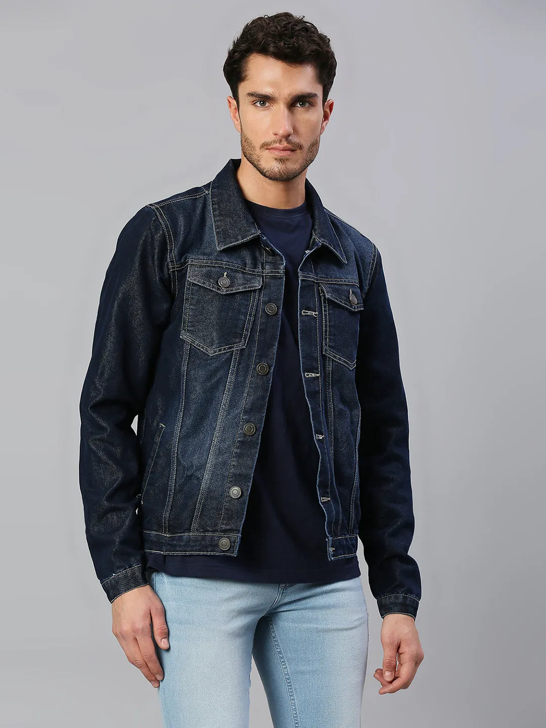 Men's Regular Fit Long Sleeve Button Down Panel Denim Jacket Lightweight Trucker Jacket (Dark Blue)