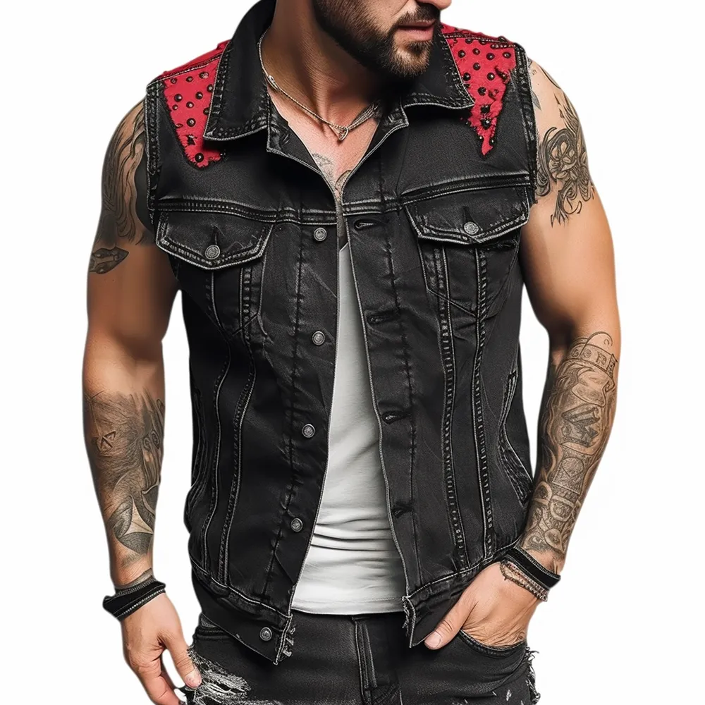 Men's Vintage Punk Denim Vest Sleeveless Jean Jackets with Rivets