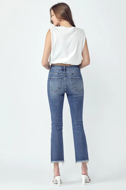 MID RISE RAW HEM STRAIGHT LEG JEANS