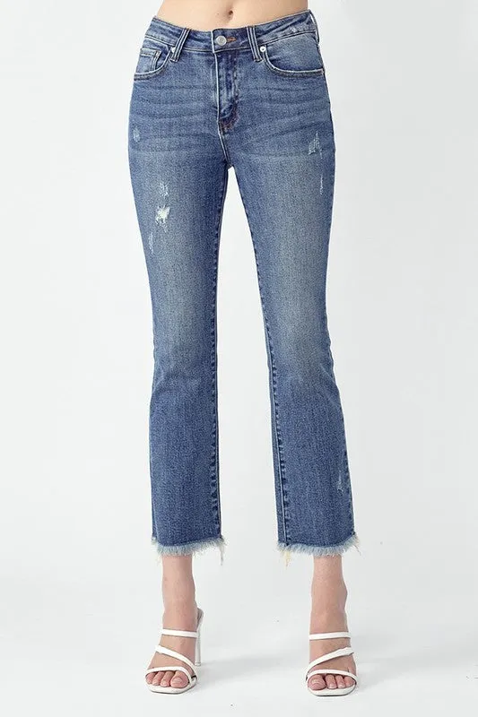 MID RISE RAW HEM STRAIGHT LEG JEANS