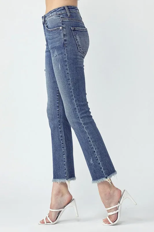 MID RISE RAW HEM STRAIGHT LEG JEANS