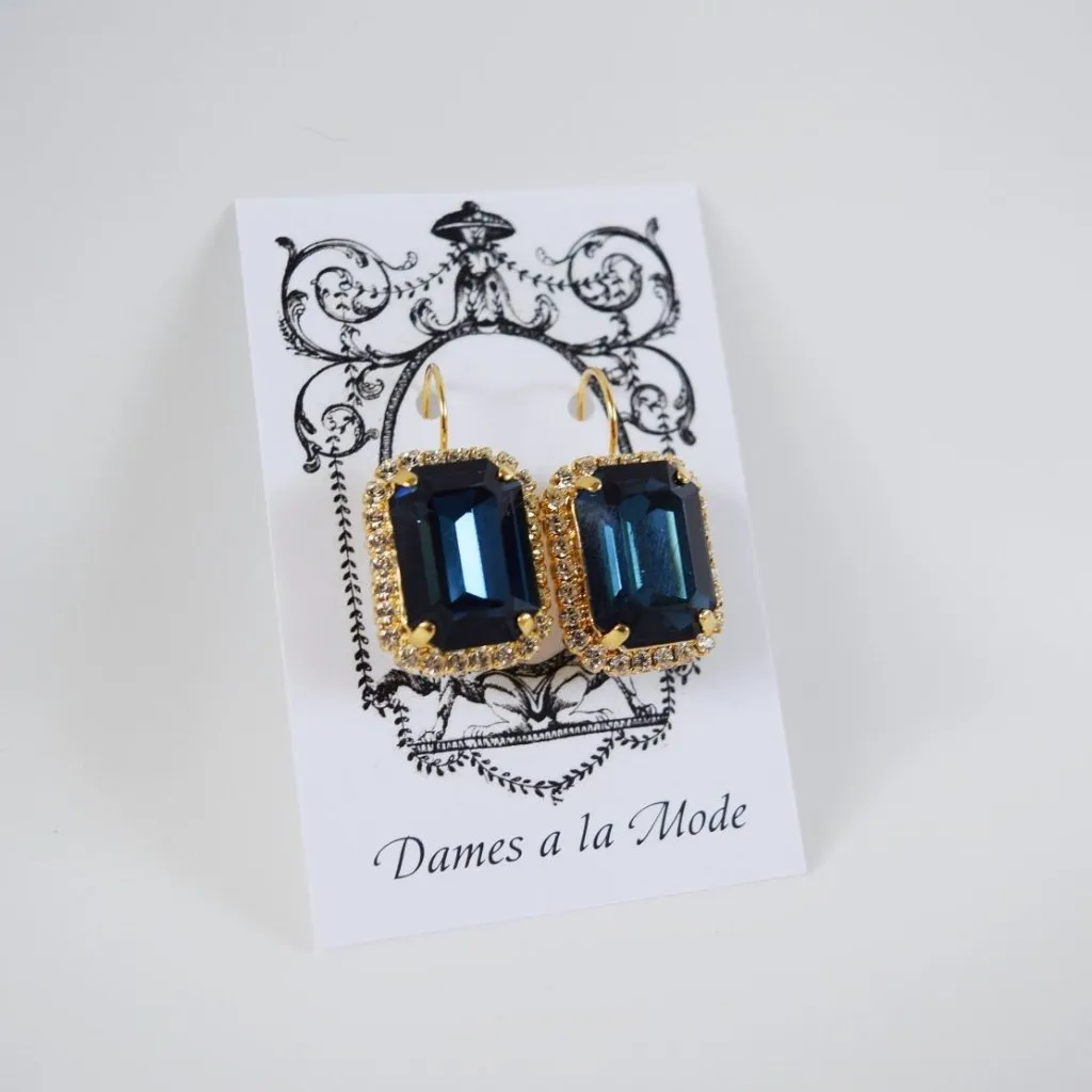 Navy Blue Swarovski Halo Crystal Earrings