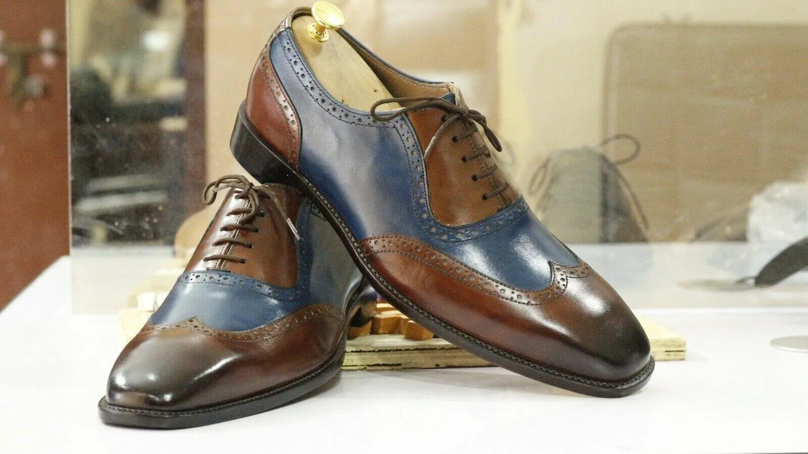 New Handmade Men's Brown Blue Leather Wing Tip Lace Up Shoes, Men Dress Formal Shoes