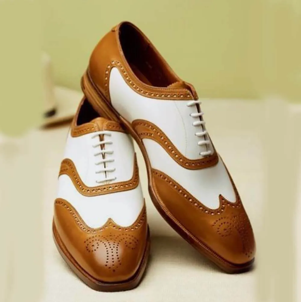 New Stylish Handmade Men's Oxford Wing Tip Brogue Tan & White Leather Shoes