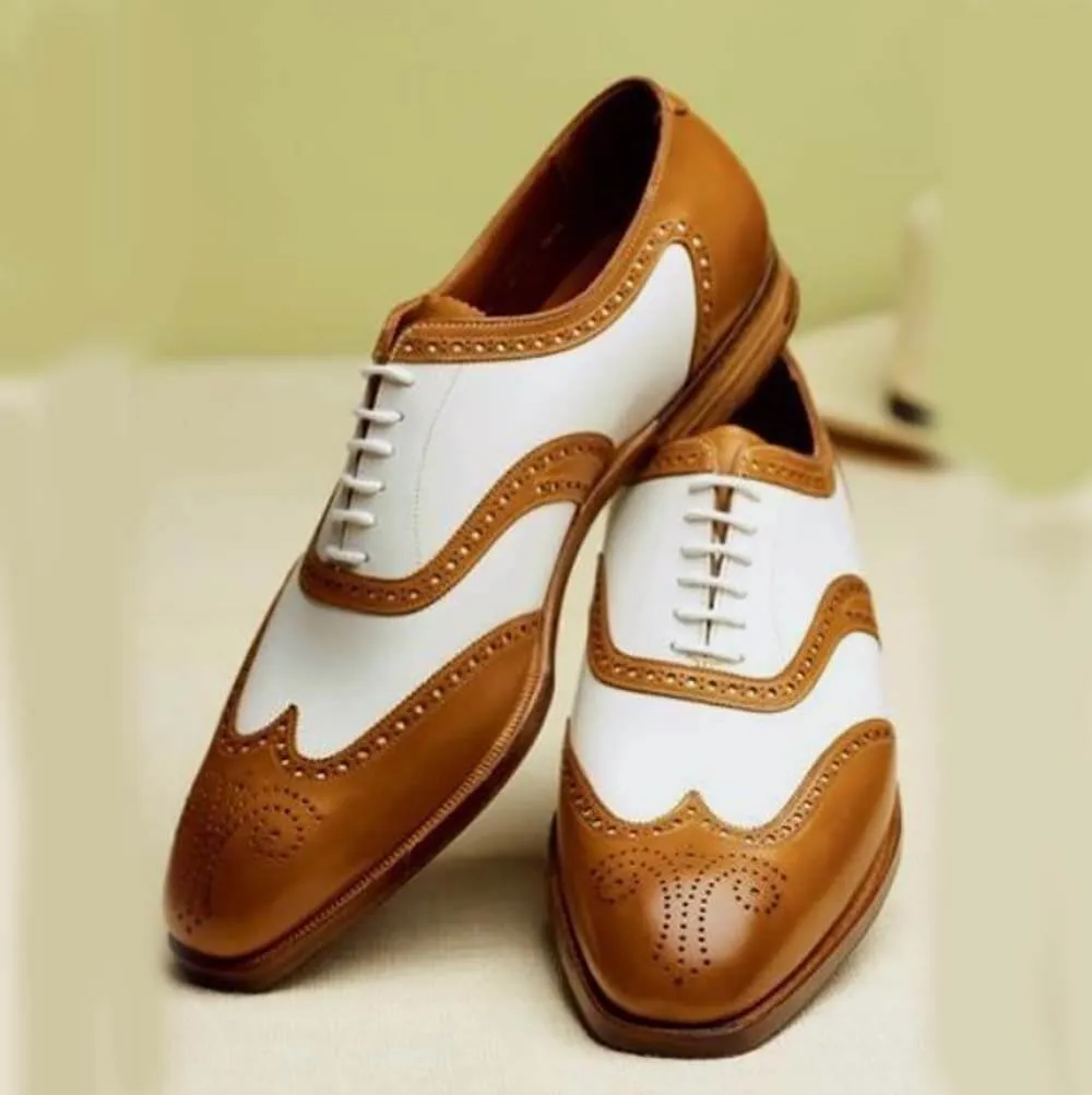 New Stylish Handmade Men's Oxford Wing Tip Brogue Tan & White Leather Shoes